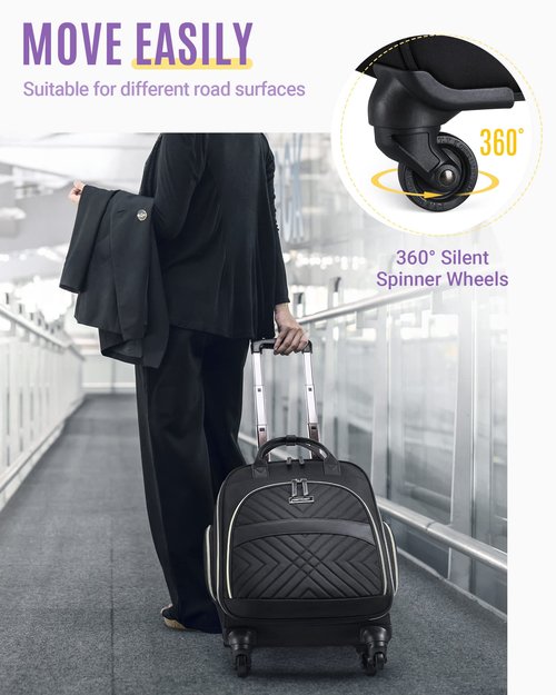 LIGHT FLIGHT Rolling Laptop Bag Women Men Rolling Briefcase 15.6 Inch Computer Bag with Spinner Wheels, Water-resistant Roller for Carry on Business Travel, Quilted Black