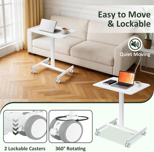 Skiennix Adjustable Height Mobile Standing Desk - Portable Sit-Stand Laptop Table with Lockable Casters | White