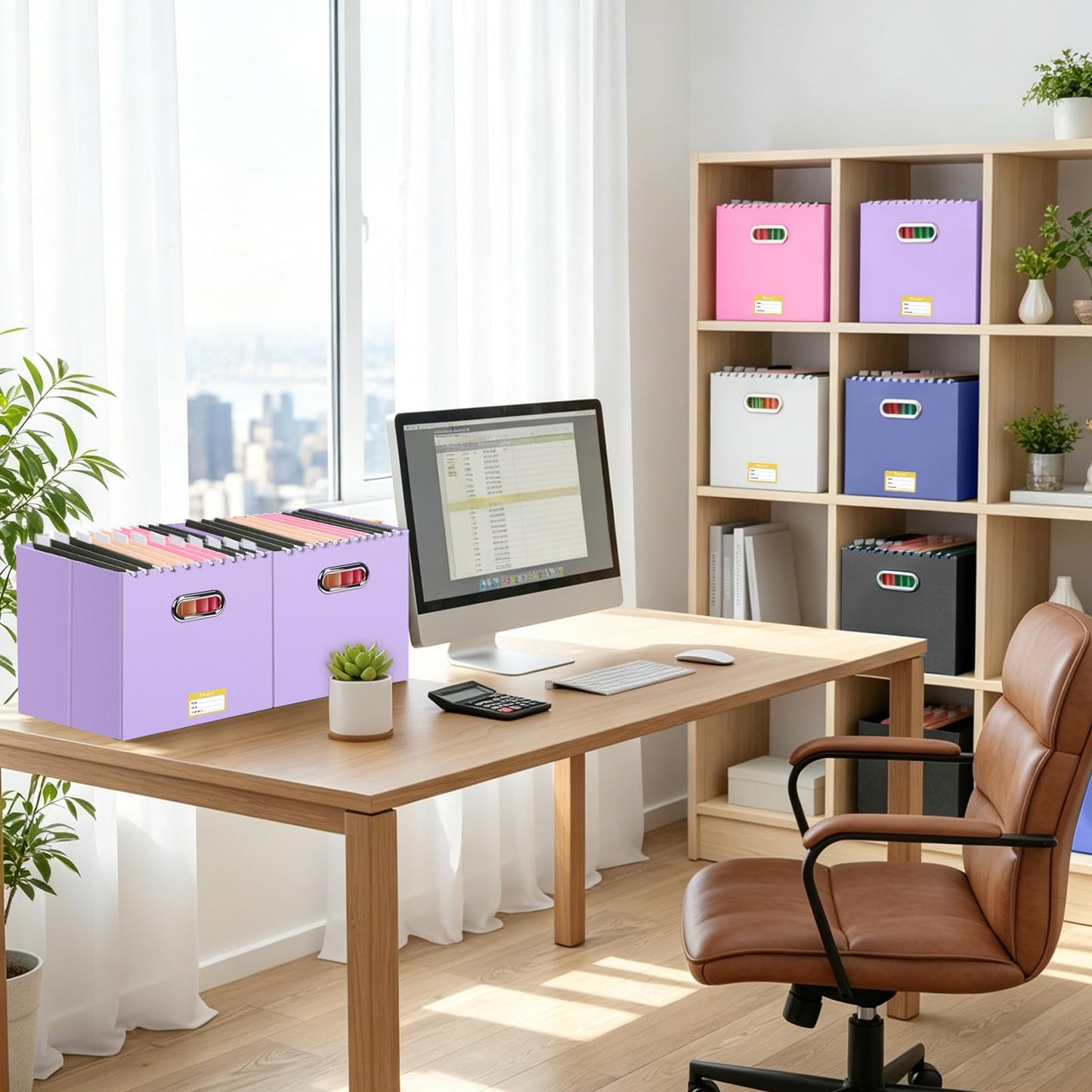 BALEINE File Organizer Box, Cardboard File Folder Organizer with Handle for Letter Size, Portable Collapsible Hanging Filing Box for Home Office Document Storage (2 Pack, Large Lavender)