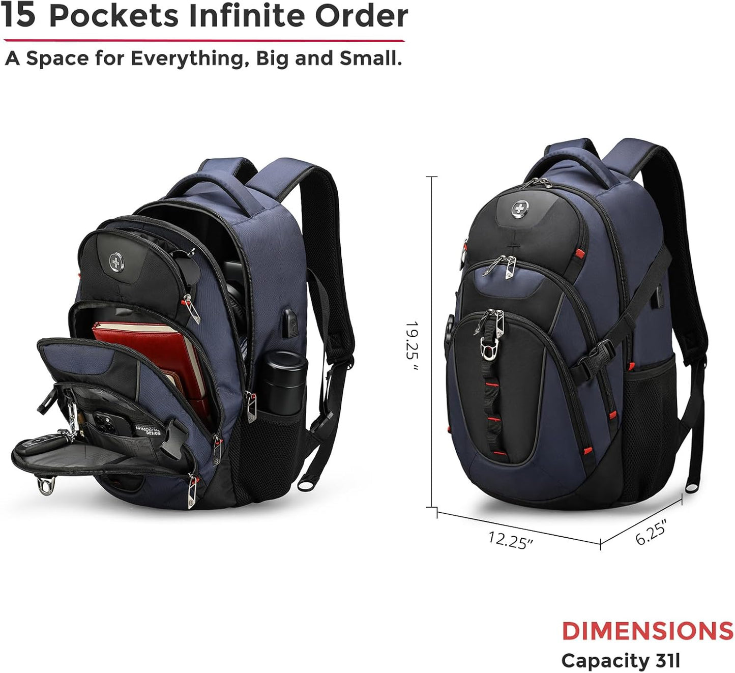 Swissdigital Laptop Backpack - USB Charging Port, Fits 15.6" Laptops, 31L Travel Bag for Men, Blue/Black | Water-Repellent SD803-12