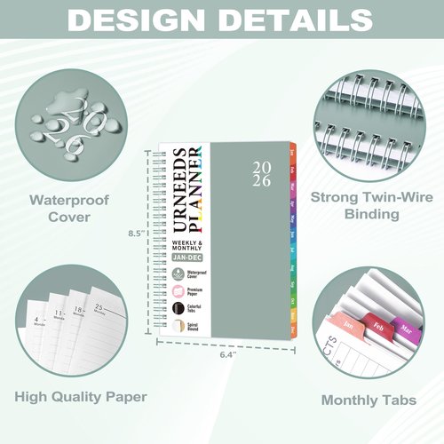 2026 Planner - 2026 Planner Weekly and Monthly from Jan. 2026 - Dec. 2026, Calendar Planner 2026 with Monthly Tabs, Inner Pocket, 8.5" x 6.4"