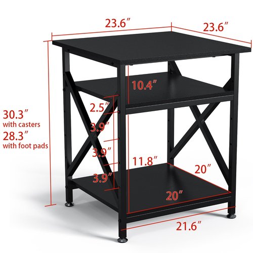 Ollieroo 3 Tier Printer Stand, Large Table with Wheels, Rolling Cart with Height Adjustable Middle Storage Shelf, 23.6 x 23.6 x 30.3 Inches Shelf for Home Office, Black