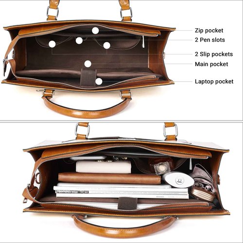 BROMEN Womens Briefcase Leather 15.6 inch Laptop Shoulder Bag Business Tote Handbag Brown with Beige