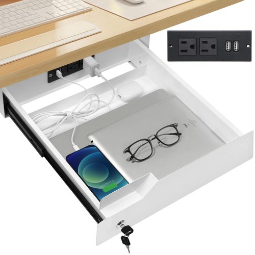 Lumil Under Desk Mounted Drawer Lockable with Charging Station Power Strip and Foldable Cable Management Arm for Office Desk 15.7" (W) x 15.7" (D) x 4.4" (H), White