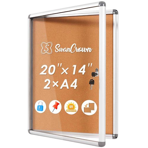 SWANCROWN Enclosed Bulletin Board,Lockable Cork Noticeboard for School Office,Wall Display Case with Lock 20"x14"(2xA4)
