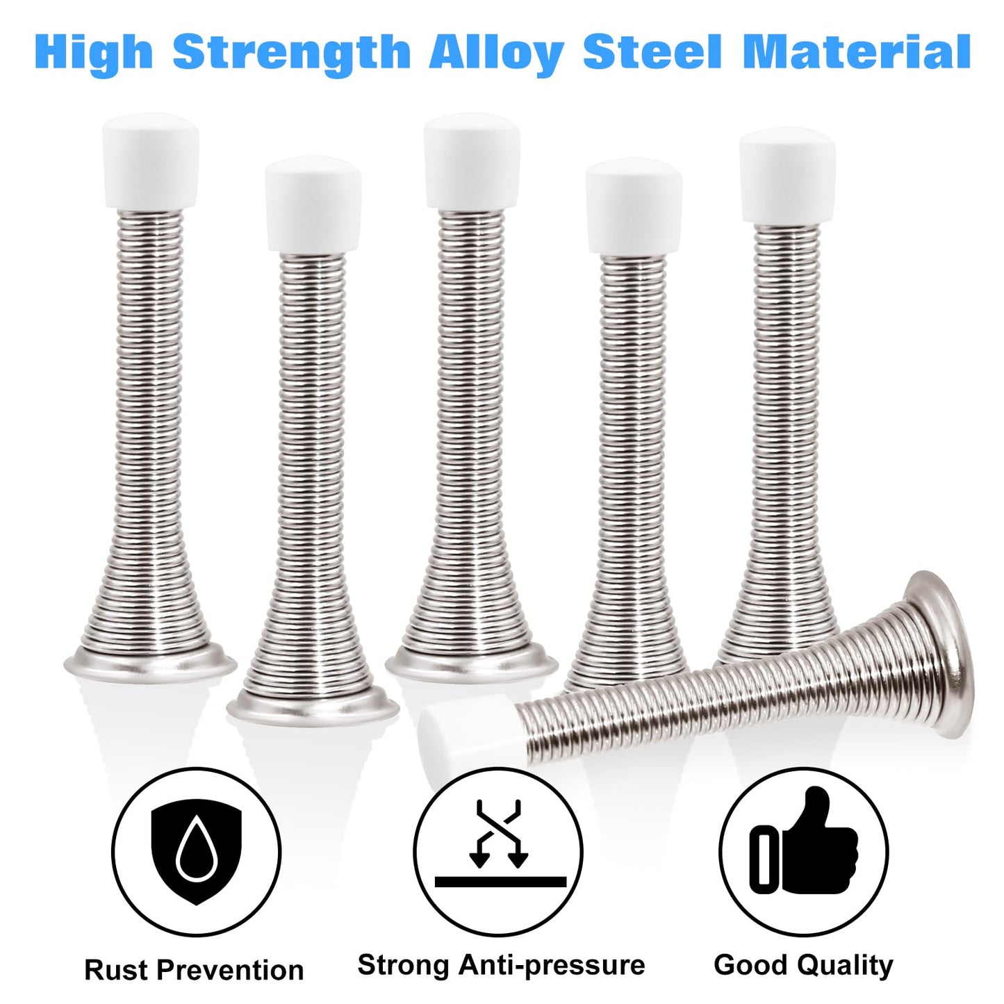 6 Pack Spring Door Stopper 3.2 Inch Flexible Heavy Duty Spring Door Stop with RustProof Screw Rubber Bumper Tips, Wall Protector for Home, Office, Kids Room – Easy Install, Satin Nickel Finish