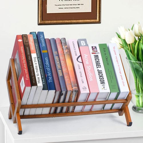 Bamboo Desktop Bookshelf, Retro Desk Bookshelf Organizer, Tabletop Bookshelves, Large Magazine Holder Racks for Home Office, Tilting Bookcase for Magazines Books Files Letters Files CDs Display, Brown