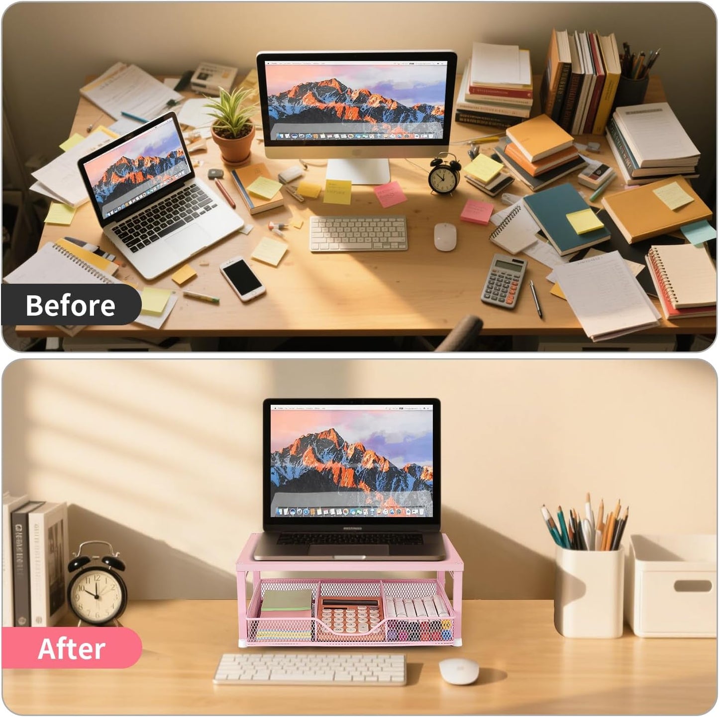 Skiennix Small Pink Laptop Stand - Stylish Monitor Stand with Drawer for Home & Office Desks