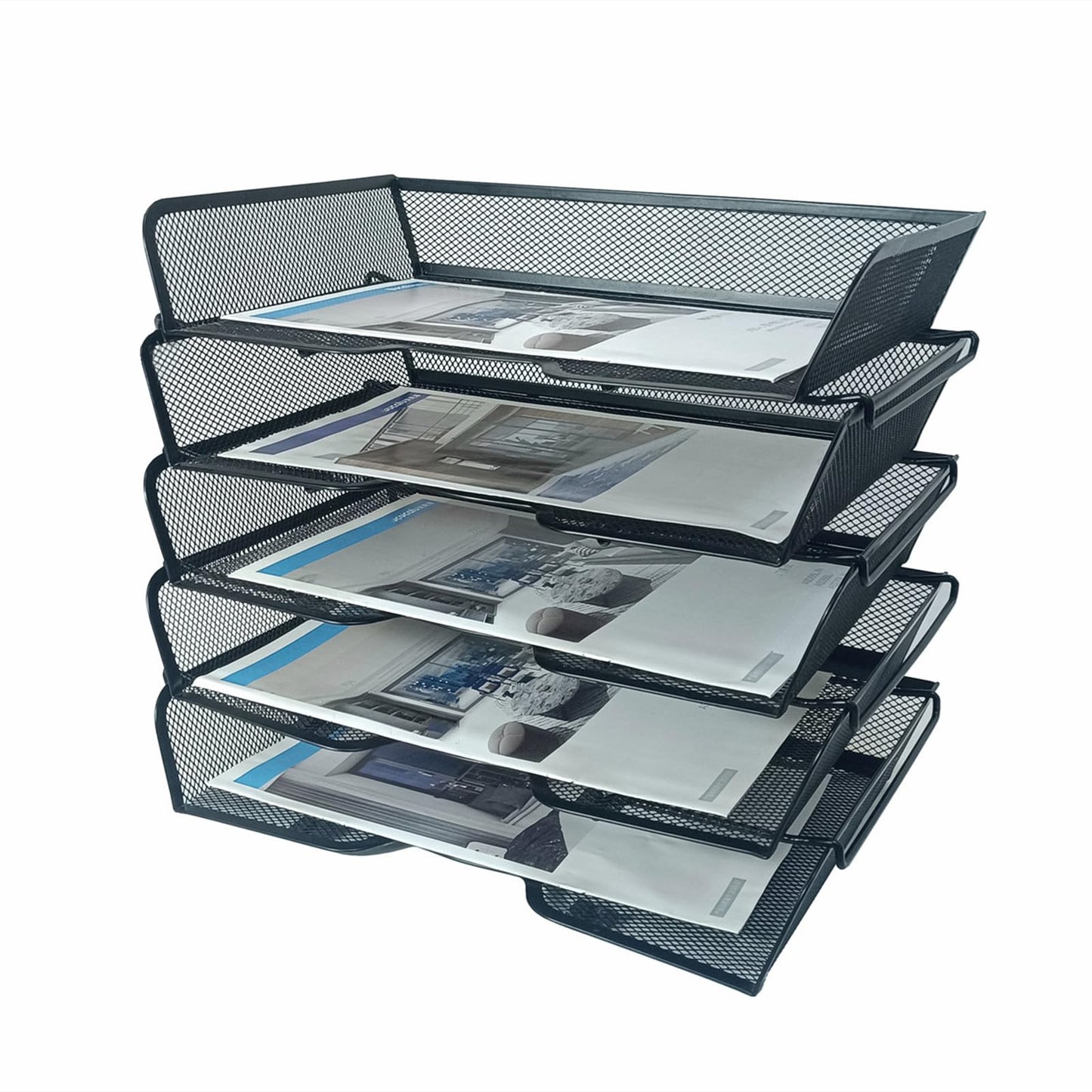 5 Tier Metal Mesh Desk Organizer-Stackable Letter Trays for Office Supplies,Black File Storage System with Reinforced Edges