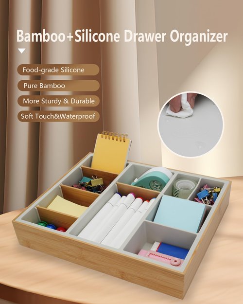 Hitseon Bamboo Desk Drawer Organizer Tray, Silicone Sturdy Junk Drawer Organizer with 10 Adjustable Compartments, Desk Organizers and Accessories with 4 Removable Dividers for Office Home (White)