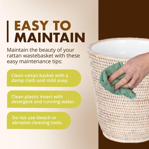 KOUBOO La Jolla Rattan Wastebasket with Plastic Insert, Handmade, Trash Can, Small Wastebasket, Bedroom, Bathroom, Vanity, RV, Dorm, White Wash