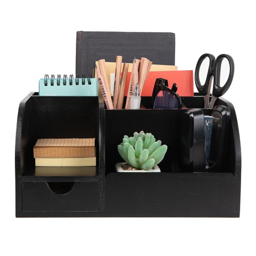 VERGOODR Office Desk Drawer Supply Organizer and Accessories, Wood Desk Organizer with 6 Compartments & 1 Drawer Binders Folder Papers Holder Pen Holder Office Desktop File Organizer (black)