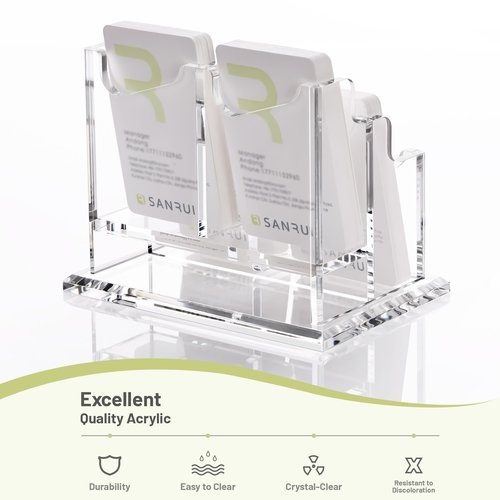 SANRUI Clear Acrylic Business Card Holder 2Tier Vertical Cards Display with 4 Slots Organizes Up to 200 Cards Professional Card Organizer for Men & Women Perfect for Office, Home & Exhibition
