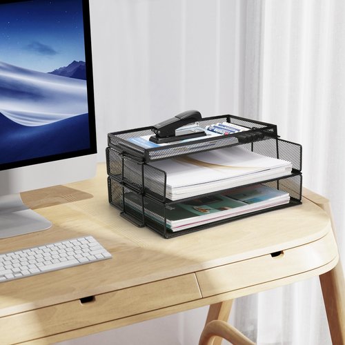 Paper Organizer for Desk, 2 Tiers Stackable Paper Tray Organizer for Desk, Standing Papers File, Black Mesh/Office File Collation