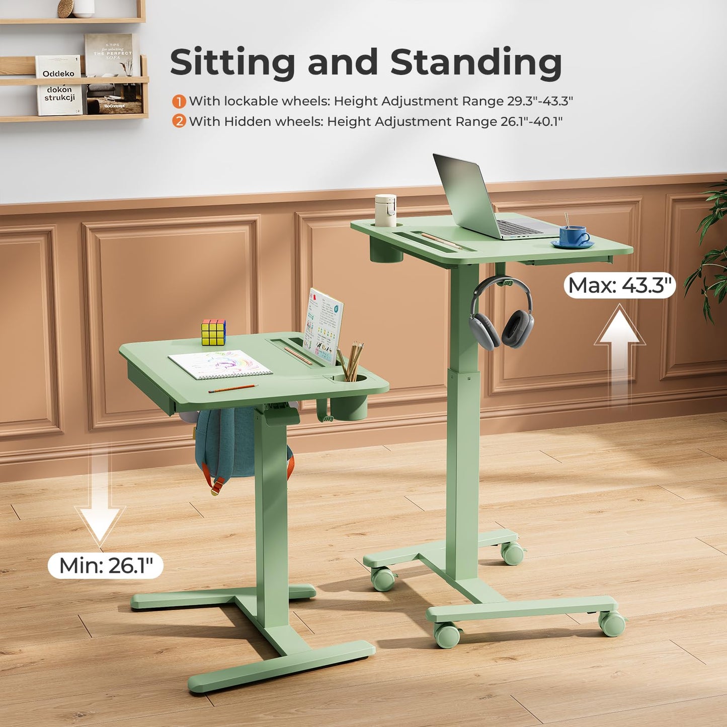 JYLH JOYSEEKER Mobile Standing Desk with Drawer, 28" Rolling Desk with Cup Holder and Hooks, Portable Laptop Workstation on Wheels, Height Adjustable Cart with Storage for Home Office, Sage Green