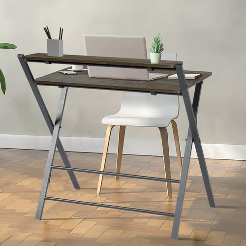 Folding Desk 2-Tier Foldable Table Space Saving Computer Table Writing Workstation for Home Office with Metal Frames/Wood Top Laptop, No Assembly Required, Rustic Brown, 31.9(L) x 20.5(D) x 33.5(H)