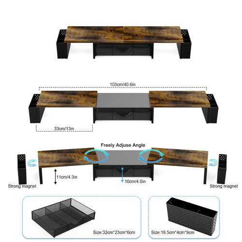 Spacrea Metal Desk Organizers and Accessories, Dual Monitor Stand Riser with Drawer and 2 Pen Holders, Desk Accessories & Workspace Desktop Organizers for Office Supplies (Wood)