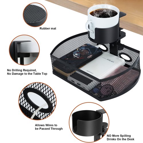 MASTLU Under Desk Organizer,Cup Holder,Table Management Tray, Swivel Pencil Drawer, Office No Drill Steel Organizers,360 Spin Hidden Storage Box with Sturdy C-Clamp,Easy Install (Black)