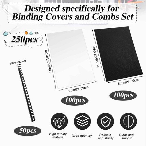 Seajan 250 Pcs Binding Covers and Combs Kit, Binding 8.5 x 11 Inches Paper, 50 Pcs Black Binding Combs 100 Pcs 13mil Black Leather Texture Paper Binding Cover 100 Pcs 8mil Clear Presentation Covers
