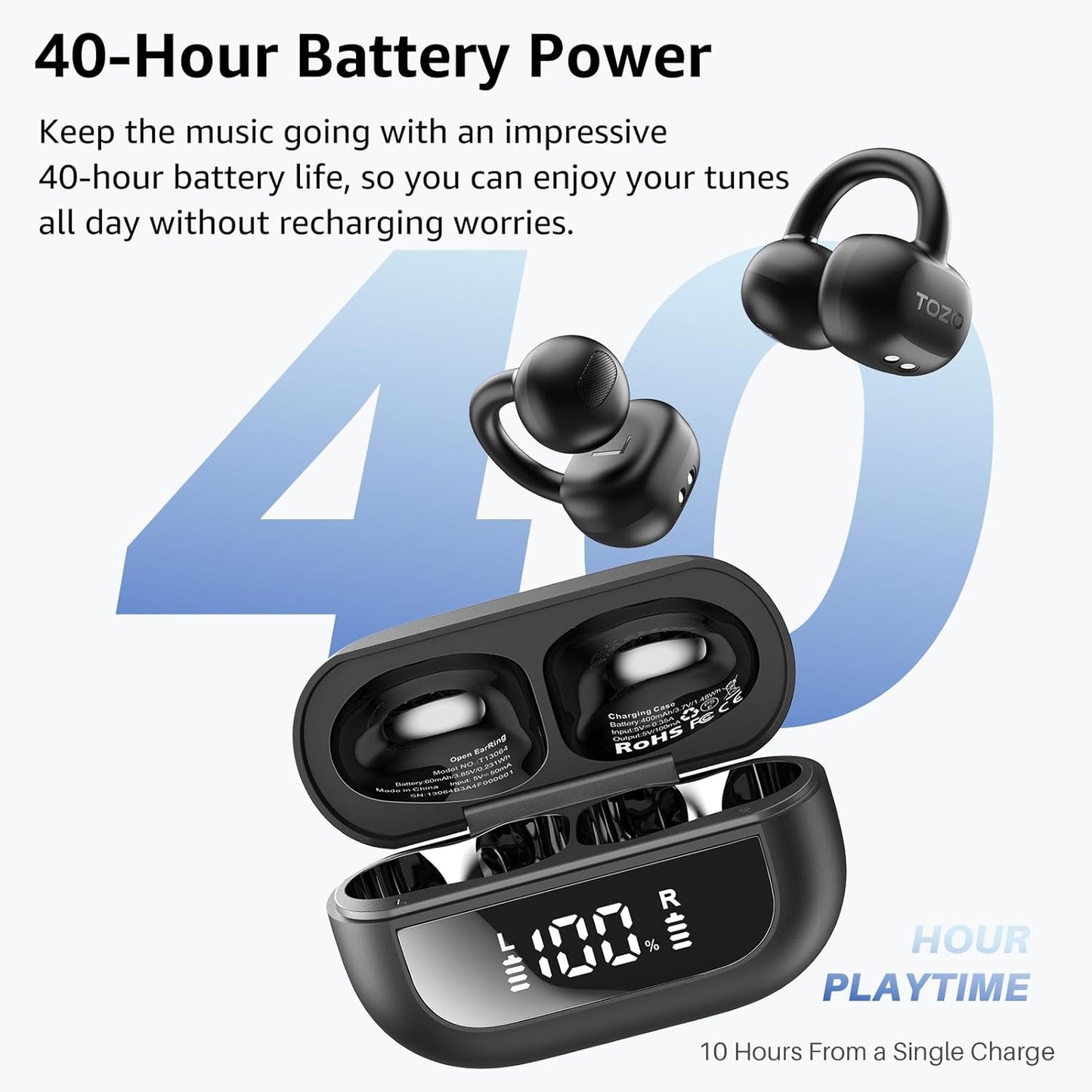 TOZO OpenEarRing Wireless Earbuds - Lightweight Comfort with 40H Playtime & Smart Display | Black