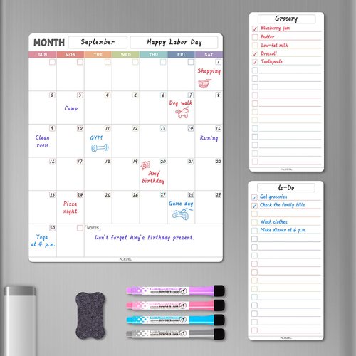 ALEZEL Magnetic Dry Erase Refrigerator Calendar, Vertical Monthly Calendar Whiteboard for Fridge, Includes Fridge Calendar & 2 List White Boards, 4 Markers + Eraser