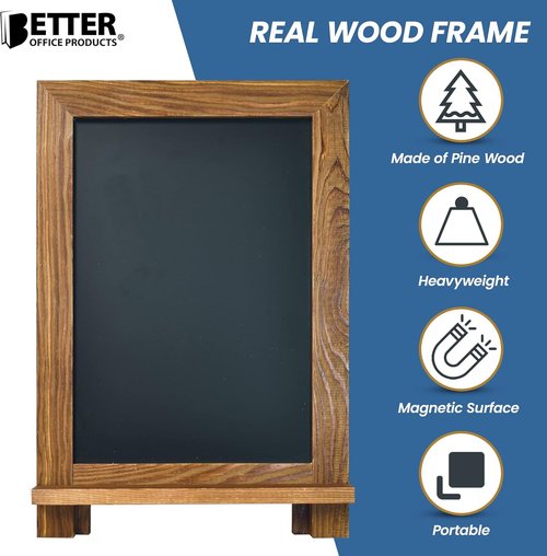 Better Office Products Framed Chalkboard Sign - Rustic Wood Frame, 9.5" x 14", Magnetic with Ledge & Stand, Includes White Chalk Marker