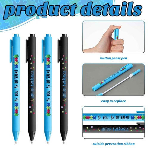 Jetec 500 Pcs Autism Awareness Pens Bulk Inspirational Retractable Mental Health Ballpoint Pens Autism Acceptance Gifts Puzzle Asperger's Awareness Gift for Classroom Office Stationery Supplies