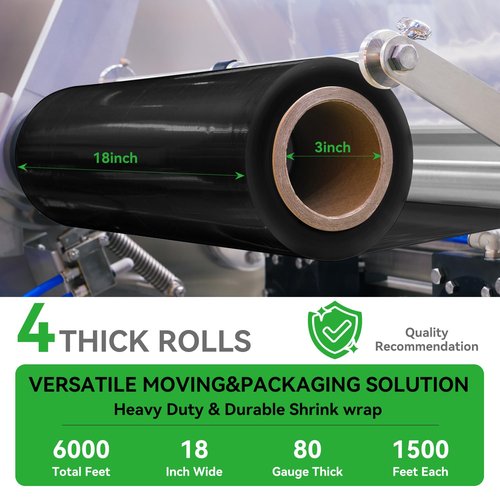 PAFEI 18"x1500ft Black Stretch/Shrink Wrap Roll - 80 Gauge Industrial Plastic Wrap for Moving, Heavy Duty 800% Stretch for Pallets, Packing, Shipping&Furniture Protection with Handles-4 Rolls