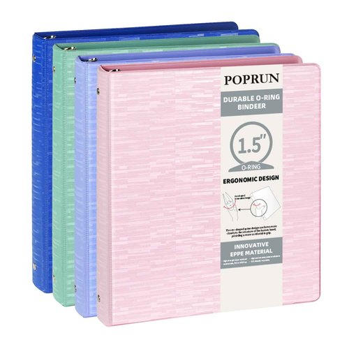 POPRUN 3 Ring Binder 1.5 Inch, PVC-Free, Holds 325 Sheets of 8.5 x 11 Paper, Extra Durable Organizer with 2 Pockets for School & Office, Heavy-Duty, 4 Pack, Multicolor