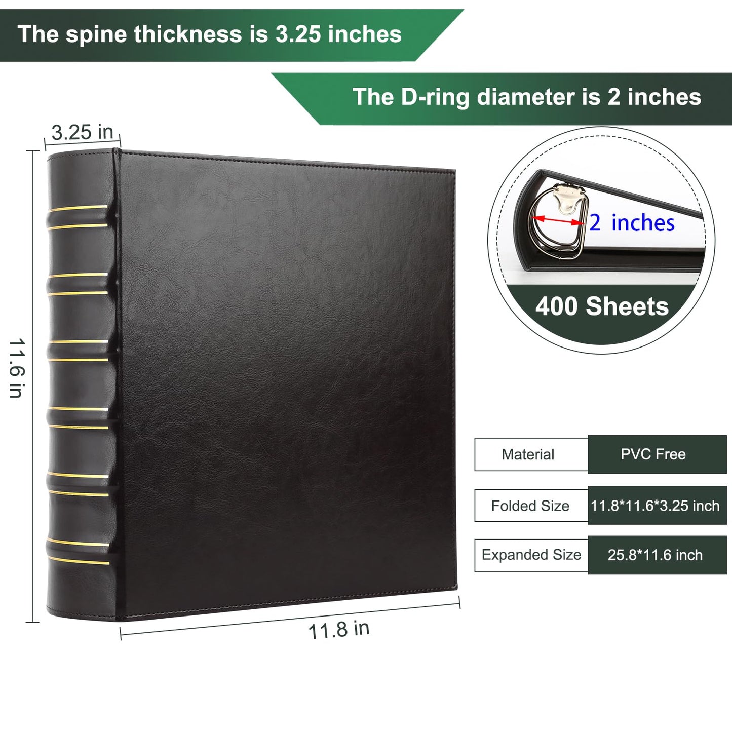 LETVPVOW Vintage Hardback 3 Ring Binder 2 Inch, Professional Leather Binders 2 Inch D Ring, Holds 400 Sheets Capacity - Black