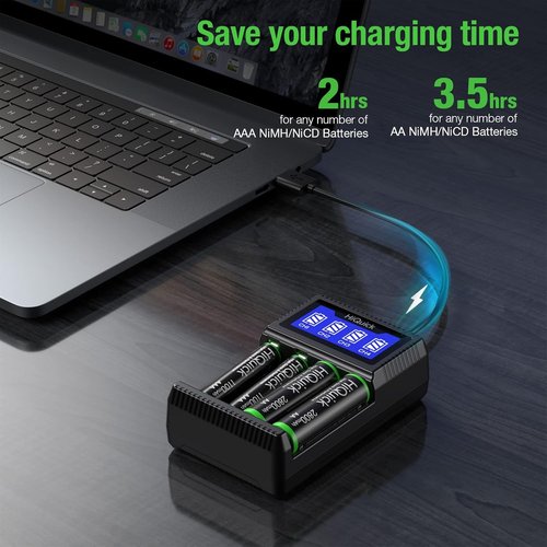 HiQuick 4 Bay AA/AAA Battery Charger - Fast USB Charging with Smart LCD Display for NiMH/NiCD Batteries