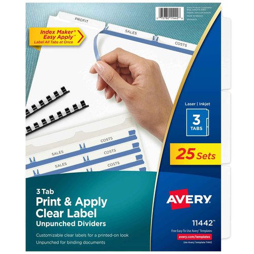 Avery 3-Tab Unpunched Dividers for Use with Any Binding System, Easy Print & Apply Clear Label Strip, Index Maker Customizable White Tabs, 25 Sets (11442)