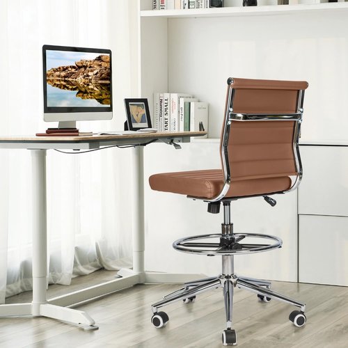 LUCKWIND Drafting Chair Tall Office Chair Ribbed - Mid-Back PU Leather Standing Desk Stool with Adjustable Foot Ring Wide Seat Tilt-Tension Rocker Lumbar Support Swivel Rolling 400lbs, Brown