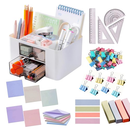 Catekro Desk Organizer with 2 Drawer, Multi-Functional Pencil Holder for Desk, Desk Organizers and Accessories with 5 Compartments + Drawer, Office Supplies, Vanity Table Office School Home(White)