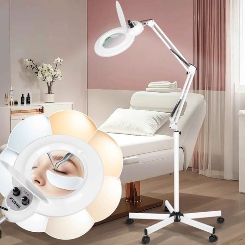 KUVRS 10X Magnifying Floor Lamp with Light, 5 Wheel Rolling Base Esthetician Light, 2200 Lumens Infinite Warm & Cold Dimming LED Magnifier, Standing Mag Lamp for Sewing Drawing Crafts Facial Nail