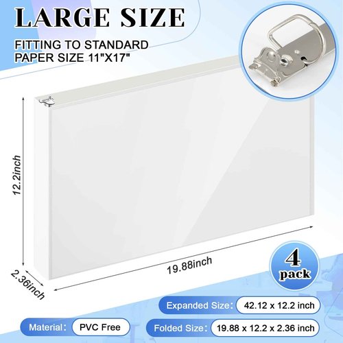 Humyoun 4 Pcs 11 x 17 Inch View Binders with Cover Pocket 2 Inch 3 Rings Heavy Duty View D Ring Binders Economy Holds 11" x 17" Paper for Artwork Blueprints, Office, Home, Work Places (White)