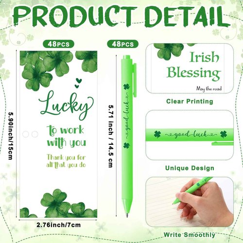 Fullhawl 48 Sets St Patrick's Day Gifts for Employee Good Luck Ballpoint Pens Shamrock Ballpoint Pens Four Leaf Clover Keychains with Thank You Cards for Team Staff Teacher Coworker