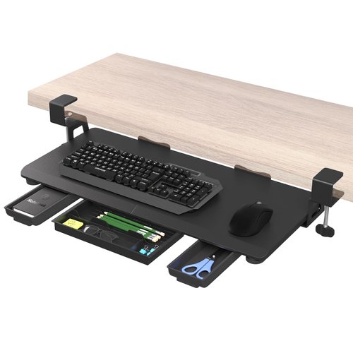 Keyboard Tray Under Desk Slide Out with Drawer, 27"x 11.8" Large Size, Pull Out Desktop Extender Holder with Sturdy C-Clamp Mount for Home Office, Black