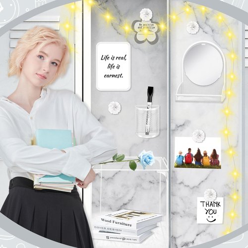Gosodeny 17 Pcs White Locker Organizer Kit, Includes Classic Marble Locker Magnetic Wallpaper, Locker Shelf, Magnetic Mirror and Organizing Supplies First Day of School Essentials with Locker