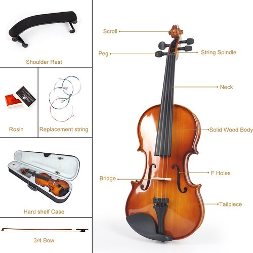 Kmise, 4 Solid Wood Fiddle for Adults, Beginners Students Kids, Hard Case with Hygrometer,Violin Bow,Shoulder Rest, Rosin,Extra Strings (3/4)