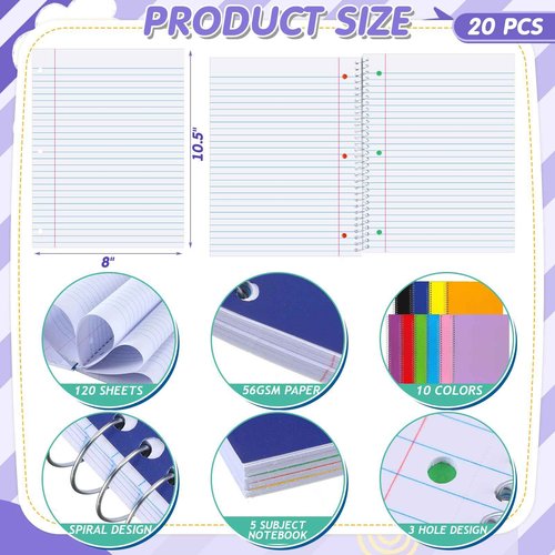Fulmoon 20 Pcs 5 Subject Notebook Spiral Notebooks for School Office Hardcover Spiral Lined Notebook for Work, 240 Pages/ 120 Sheets, 8 x 10-1/2", 3 Hole Punched, 4 Removable Dividers(Wide Ruled)