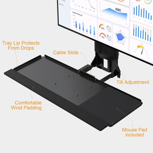 Monitor and Keyboard Wall Mount with CPU Holder for 32" Monitors (55 lbs Max), Keyboard Tray (4.4 lbs Load) & CPU Holder (22 lbs Capacity) - Height Adjustable, with Mouse Pad, VESA75/100