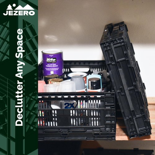 JEZERO Medium 2-Pack Collapsible Plastic Storage Crate – Stackable Utility Bin with Folding Walls for Garage, Closet, Car Trunk, and Home Organization | Black, 24" x 16" x 8"