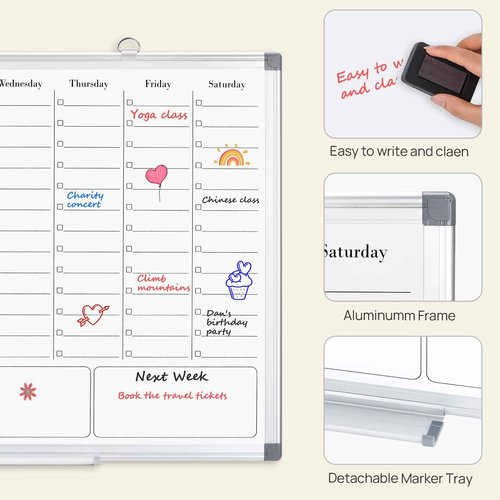 ONAVIA White Board Dry Erase Board for Wall, Magnetic Whiteboard Calendar 24" X 18", Weekly Calendar Whiteboard with Hourly Time Slots, Hanging Double-Sided White Board for Office,School,Home - 1 Pack