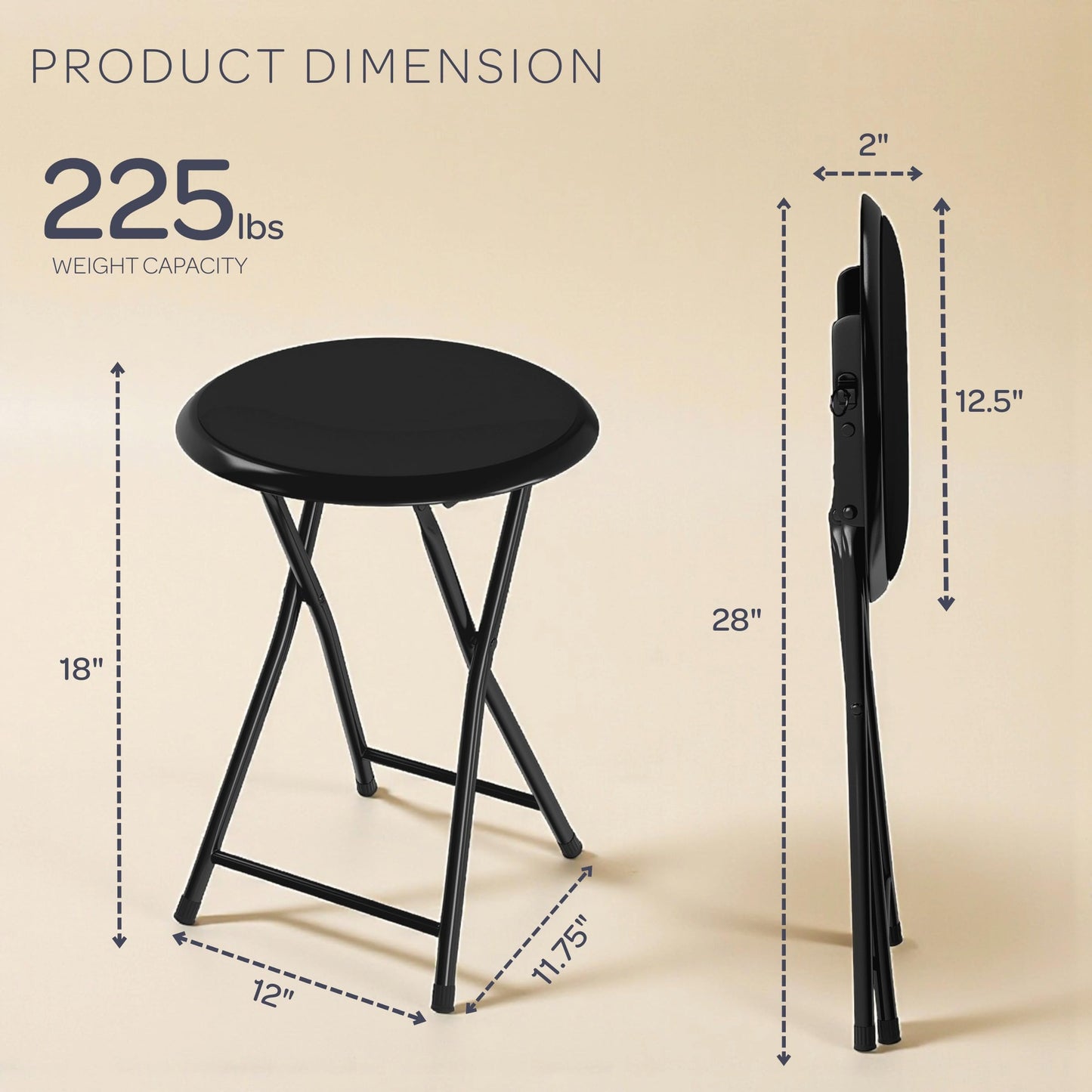 Lavish Home Folding Bar Stool - Set of 4 Heavy-Duty 18-Inch Stool - 225lb Capacity and Padded Seats for Dorm, Recreation or Game Room (Black)