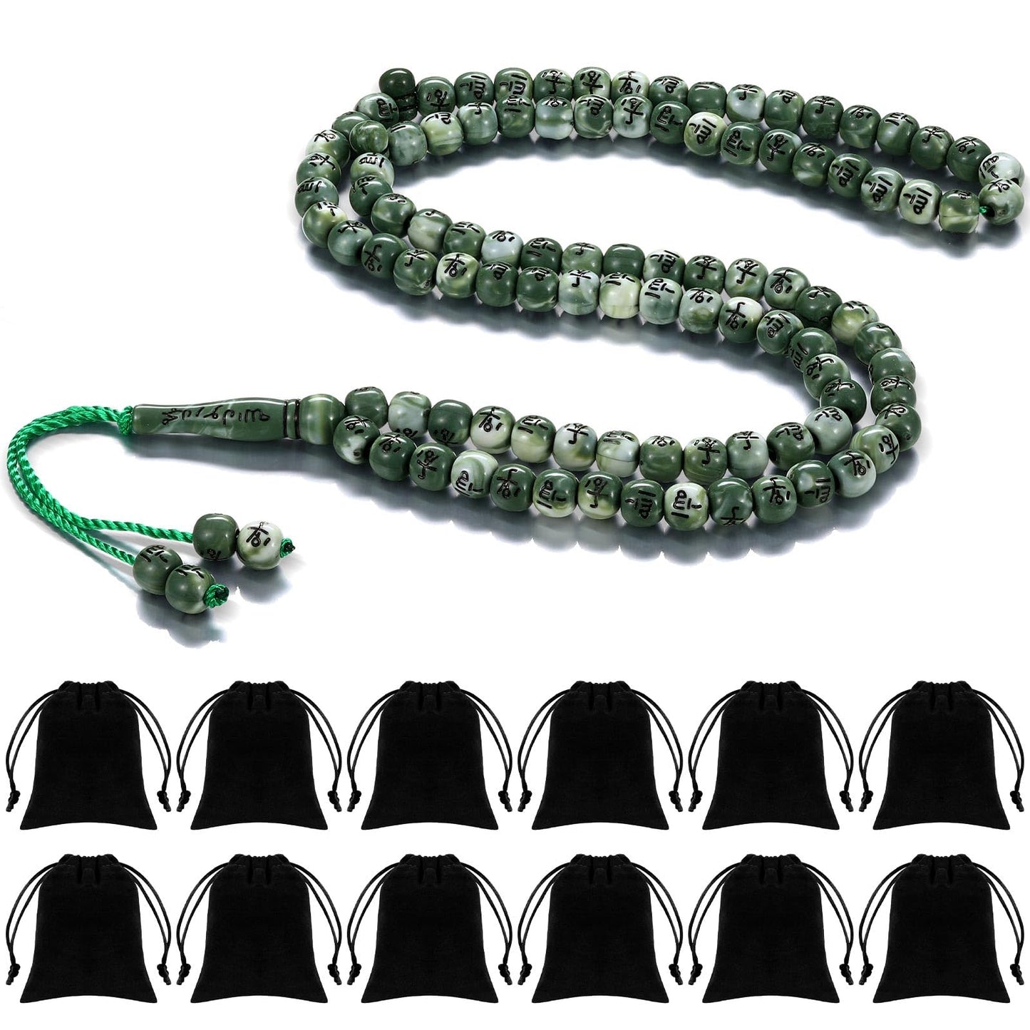 Ferreve 12 Sets Muslim Tasbih 99 Rosary Prayer Beads 8mm Islam with Allah Names Engraved for Muslim Gift, Islamic Ceremony Religious Gift for Men and Women(Green)
