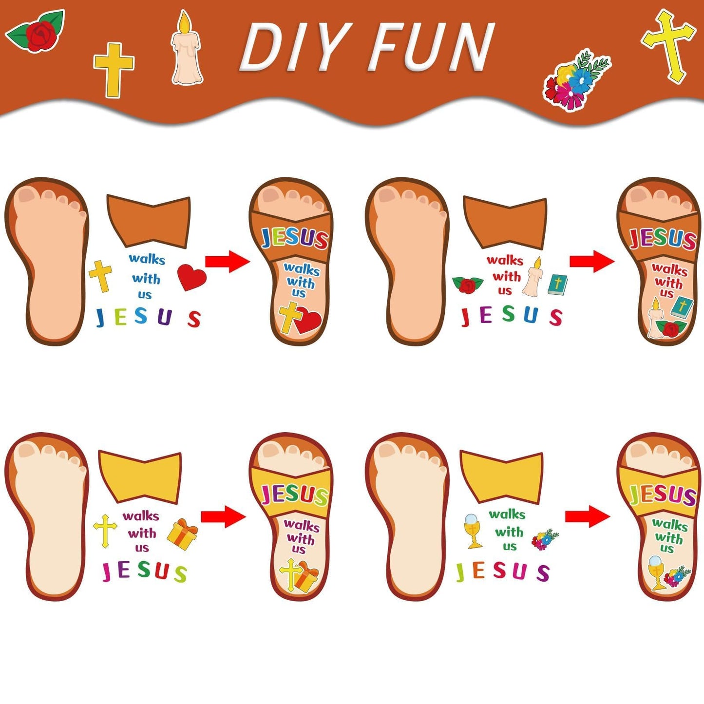 Qyeahkj 32Pcs Sunday School Crafts for Kids VBS Sticker Crafts Bible Christian Craft Jesus Walks with Us Sunday School Favors DIY Sticker Kits for Religious Classroom Home Activities Supplies