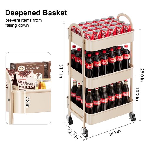Khaki 3 Tier Rolling Cart Metal on Wheels, Three Tiered Storage Organizer Utility Trolley with Wheels for Art, Craft, Baby Diaper Caddy, Snack, Book, Nail, Lash, Cleaning Supplies, Kitchen, Bathroom