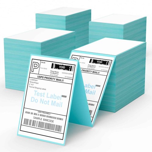 RyhamPaper 4" x 6" Fanfold Direct Thermal Labels, 4000 Labels (4 Stacks of 1000), Blue Background, Super Permanent Adhesive, Compatible with Zebra, Intermec, Datamax, Printronix Printers