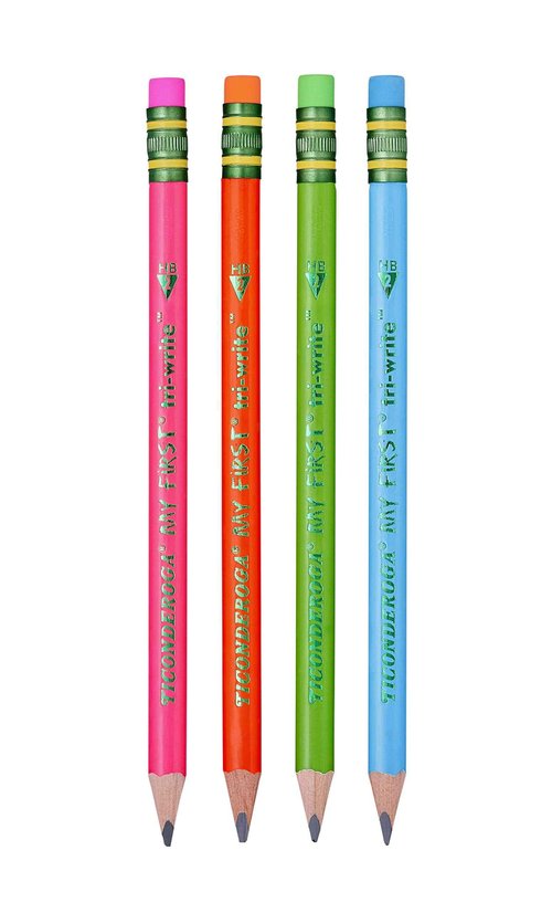 Ticonderoga® Tri-Write Beginners' Pencils With Erasers, #2 Soft, Yellow Barrel, Pack Of 36 & My First Tri-Write Wood-Cased Pencils, Neon Colors, 12 Count (X13012)